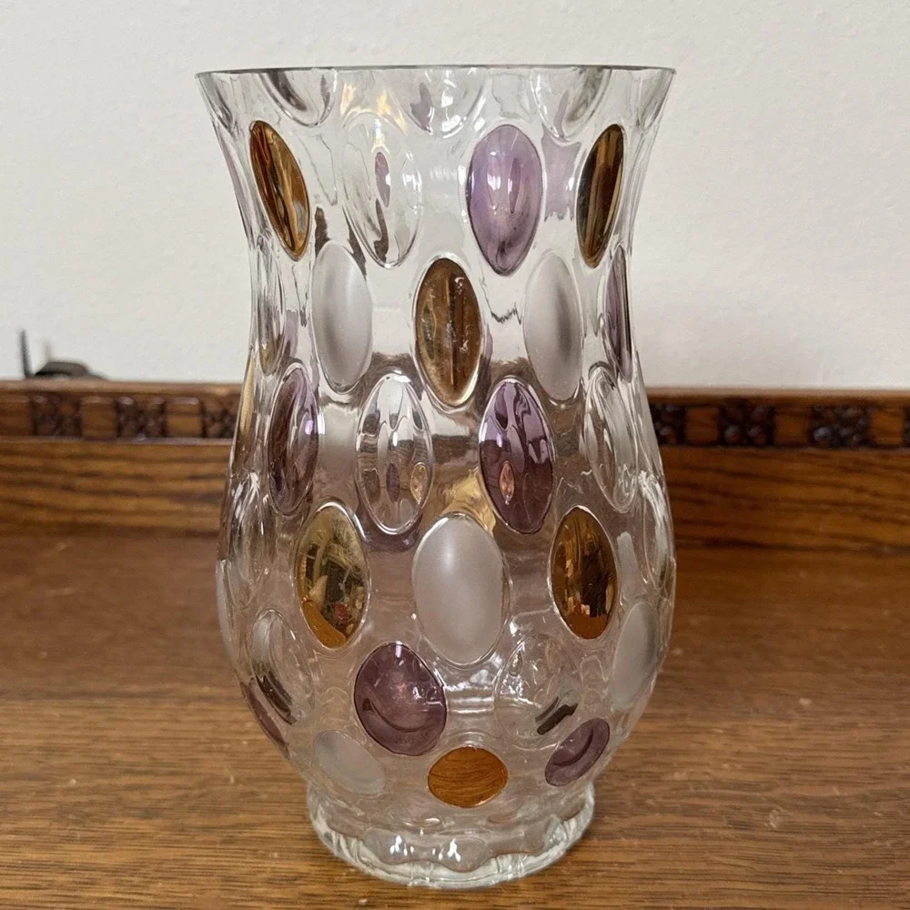 Mid Century Bohemian Art Glass Vase Amber Purple Frosted Coin Dot Thumbprint 8
